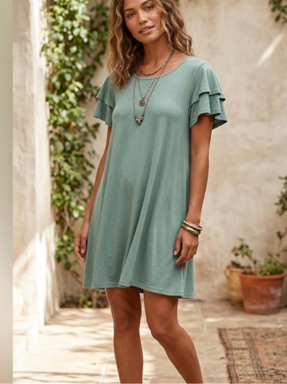 New! Relaxed Light Green Midi Dress with Ruffle Short Sleeves, Size XL